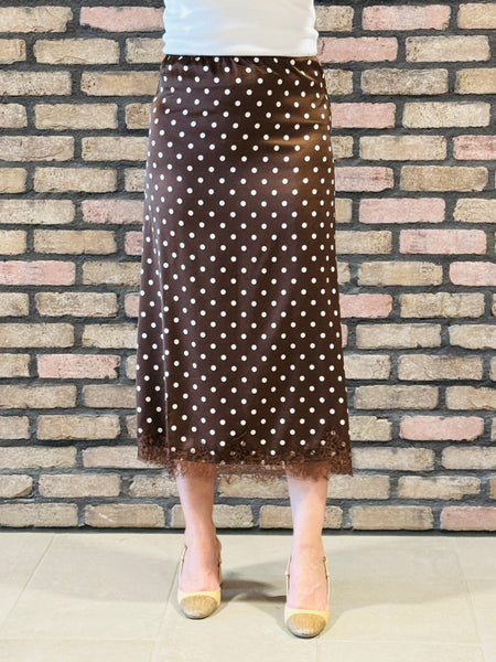 Polka Dot Lace Trim Satin Skirt - Brown