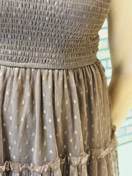 Polka Dot Chiffon Tiered Dress - Brown