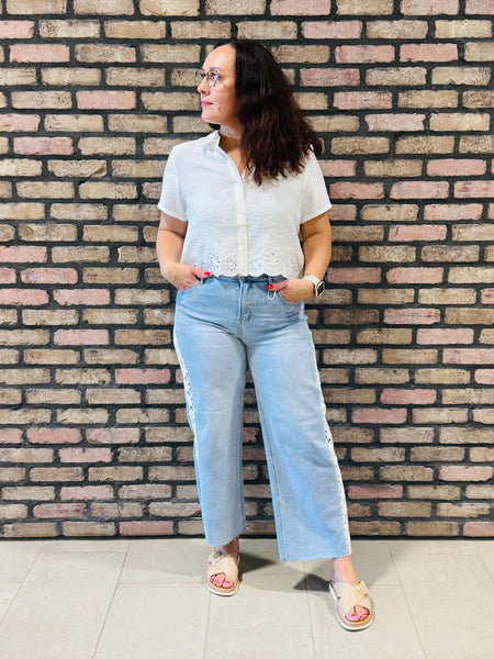 Eyelet Scalloped Hem Woven Top - Ivory