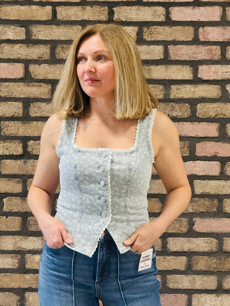 Floral Denim Vest Top - Light Blue