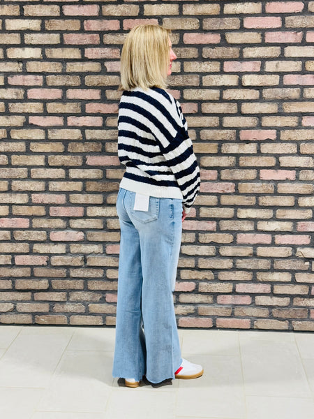 Cable Knit Striped Sweater - Navy