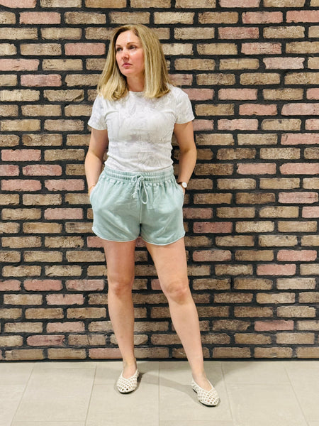 Acid Washed Elastic Waist Shorts - Sage Green