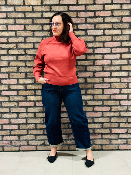 Mock Neck Exposed Seam Sweater - H Rust