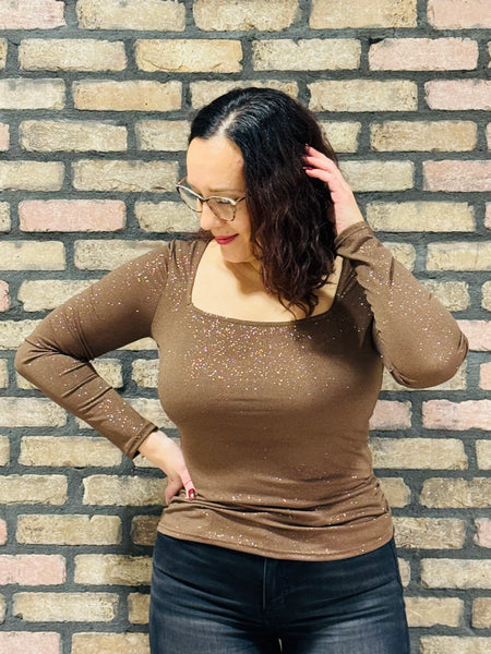 Square Neck Metallic Top - Brown