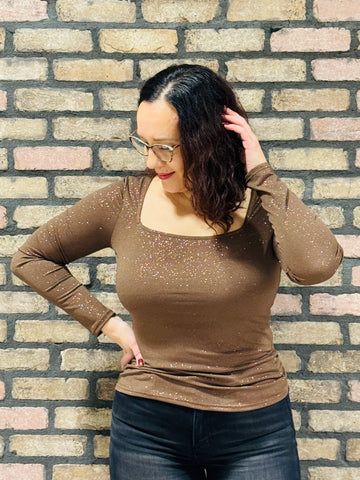 Square Neck Metallic Top - Brown