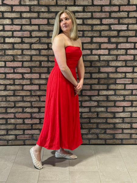Strapless Gathered Detail Dress - Red