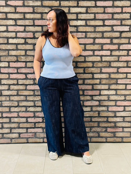 Elastic Waist Stripe Gauze Pants - Navy