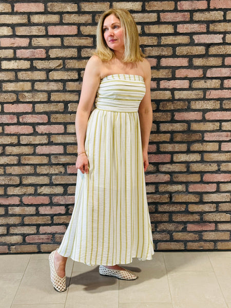 Striped Pleated Strapless Dress - Olive