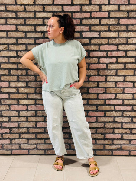 Capped Sleeve Mineral Wash Tee - Sage Green