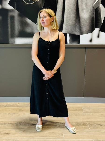Button Down Front Tie Midi Dress - Black