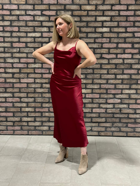 Satin Cowl Neck Midi Dress - Burgundy