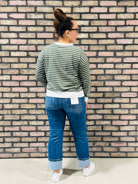 Striped Rib Banded Pullover - DK Olive