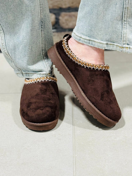 Embroidered Trim Mule Slippers - Chocolate