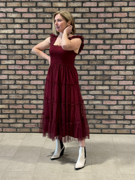 Polka Dot Chiffon Midi Dress - Burgundy