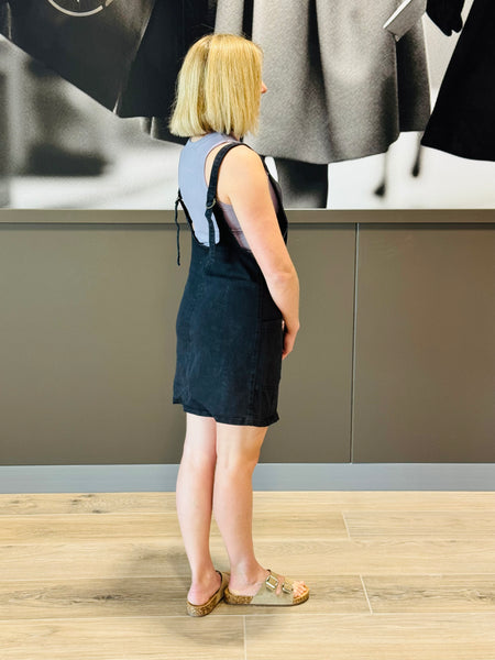 Washed Denim Overall Dress - Black