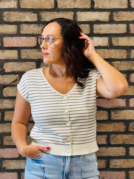 Striped Short Sleeves Cardigan - Brown