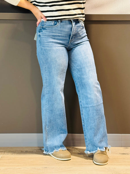 Uneven Raw Hem Wide Jeans - Medium Wash