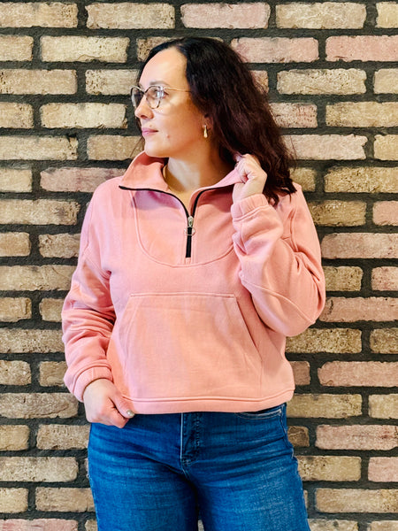 Half Zip Sweatshirt Pullover - Dusty Pink