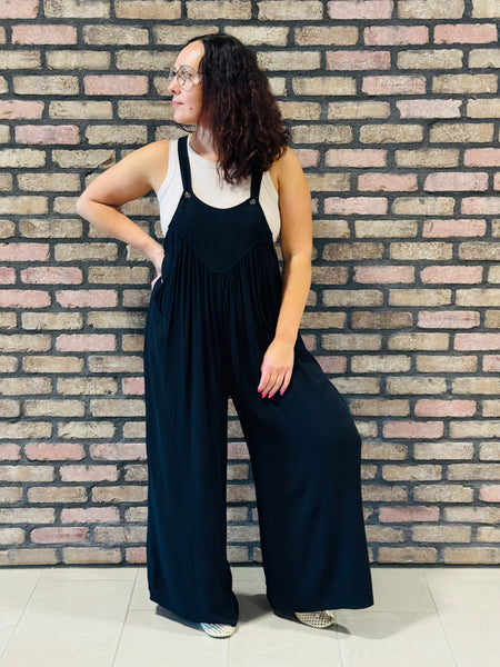 Woven Rayon Crepe Overalls - Black
