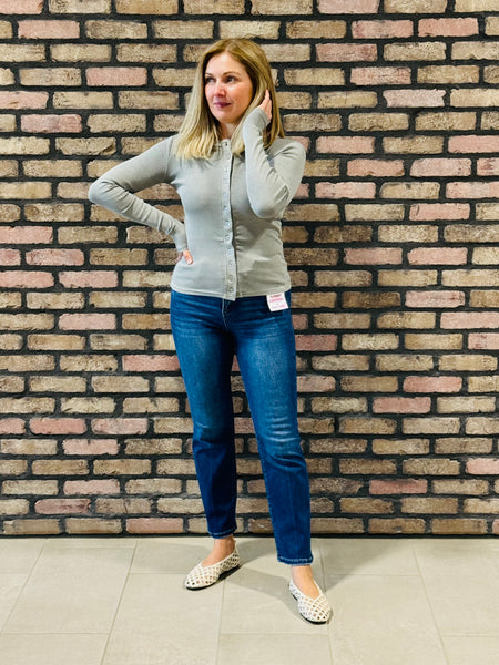 Button Front Long Sleeves Top - Grey