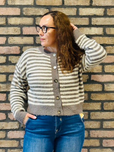 Striped Fuzzy Knit Cardigan - Mocha