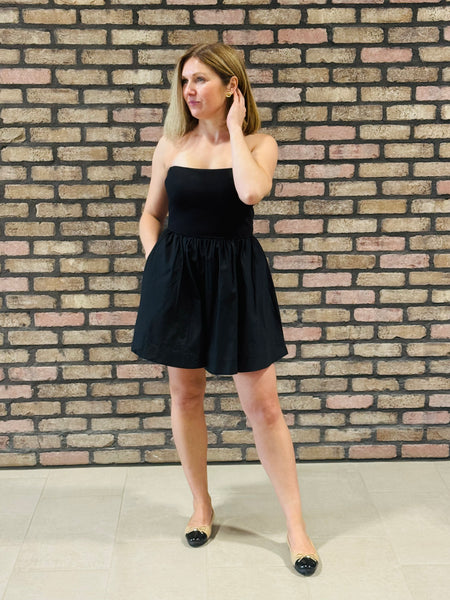Ribbed and Woven Mini Dress - Black