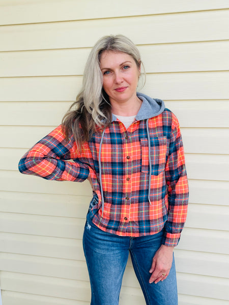 Hoodie Plaid Shirt - Orange/Blue