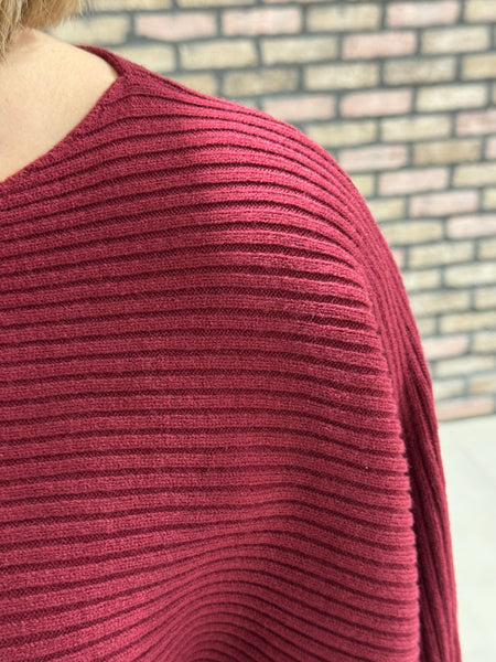 Boat Neck Balloon Sleeves Sweater - Cabernet