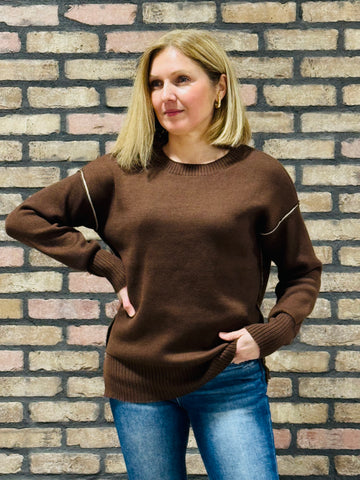 Contrast Trim Sweater - Brown/Ash Mocha
