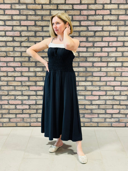 Contrast Smocked Bodice Dress - Black