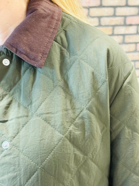 Lapel Collar Quilted Jacket - Dark Olive