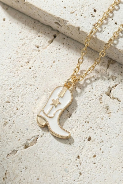 Cowboy Boot Pendant Necklace - White
