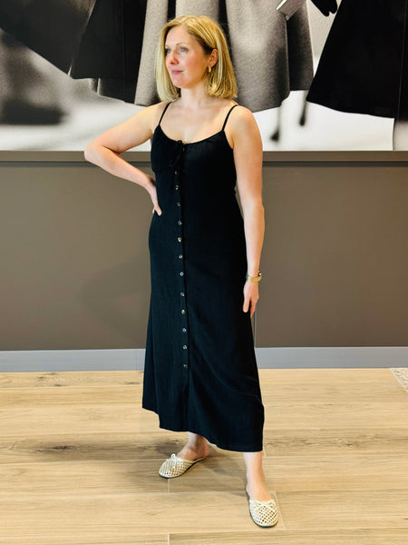 Button Down Front Tie Midi Dress - Black