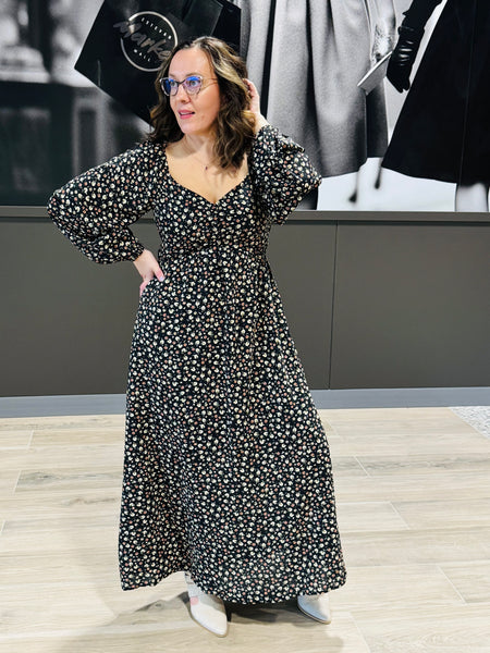 Floral Print Smocking Back Dress - Black
