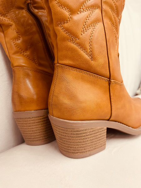 Tall Embroidered Western Boots - Tan