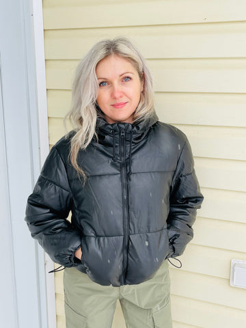 Faux Leather Puffer Jacket - Black