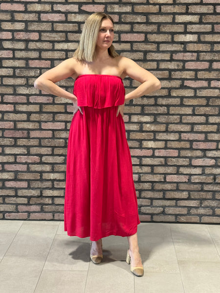 Crinkle Strapless Maxi Dress - Ruby