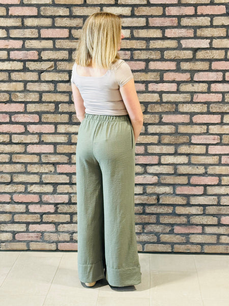 Linen Effect Palazzo Pants - Olive