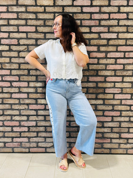 Crop Wide Flower Lace Detail Jeans - Light Wash