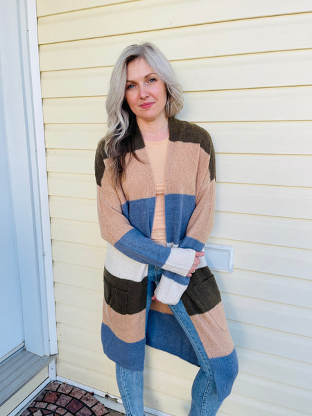 Open Colour Block Cardigan - Olive/Khaki