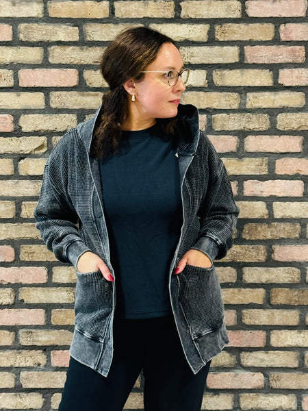 Waffle Washed Cardigan - Black