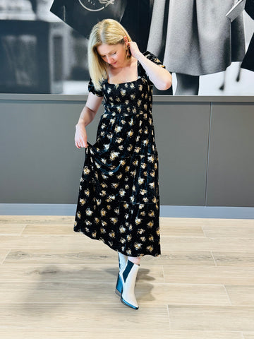 Floral Velvet Midi Dress - Black Multi
