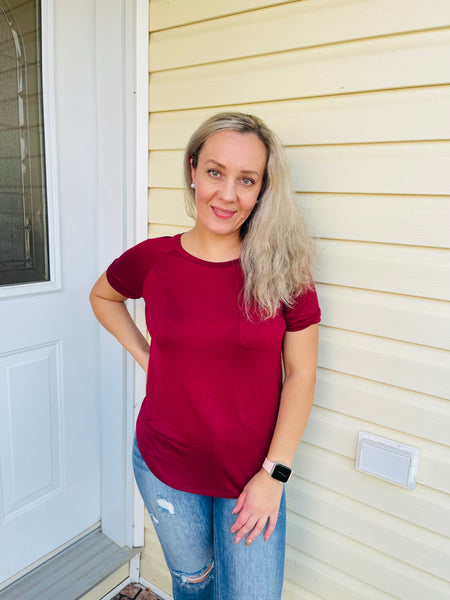 Scoop Neck Top with Pocket - Ruby Burgundy