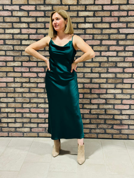 Satin Cowl Neck Midi Dress - Hunter