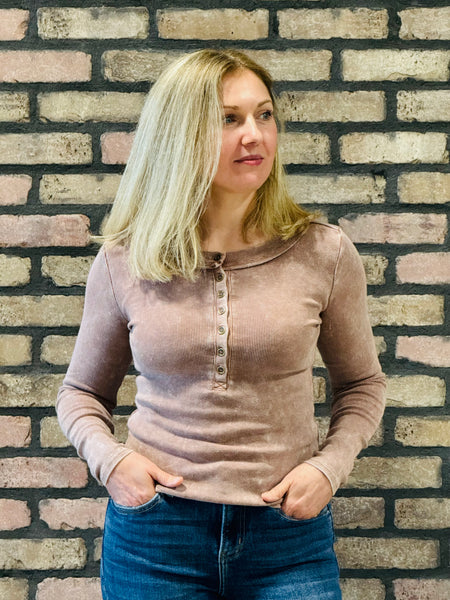 Washed Henley Top - Cocoa