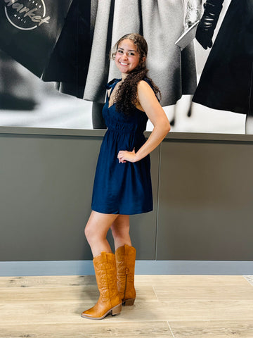 Eyelet Detail Mini Dress - Navy