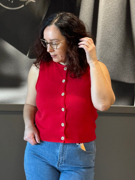 Button Down Vest Top - Red