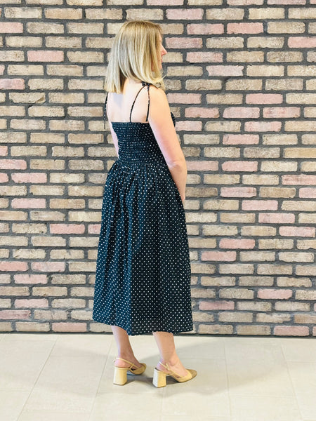 Polka Dot Smocked Midi Dress - Black