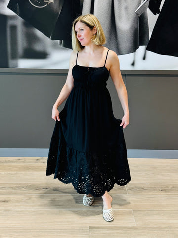 Eyelet Scallop Hem Midi Dress - Black
