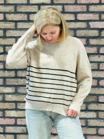 Striped Front Seam Sweater - Oatmeal